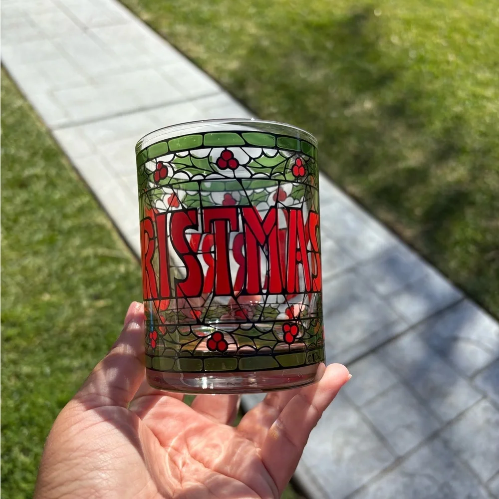 1970’s Cera Merry Christmas Holly Stained Glass Old Fashion Glasses Set of 4 EUC
